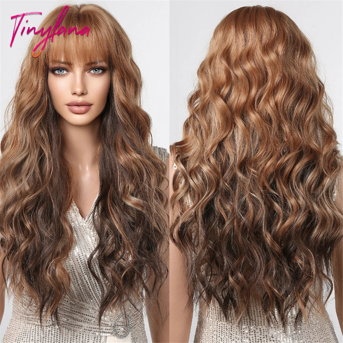 Super Long Black Wavy Synthetic Wigs with Bangs