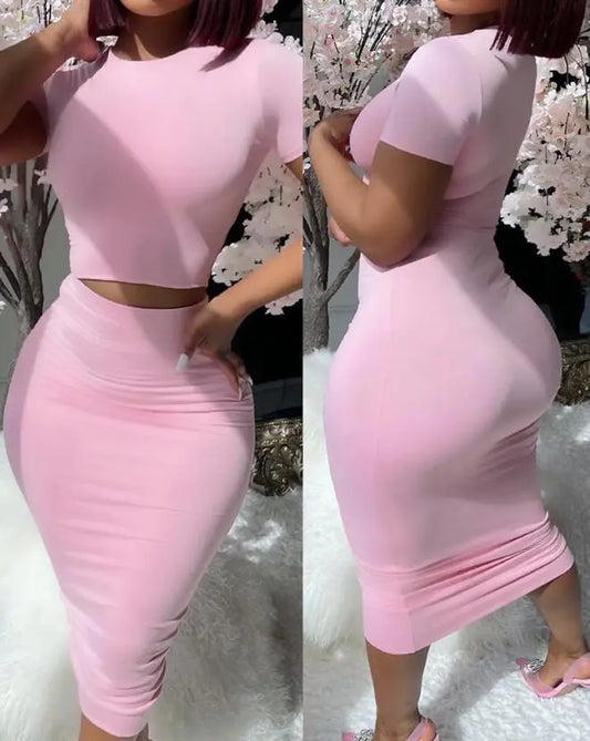Two Piece Set Elegant Outfit Short Sleeve Top & High Waist Skirt