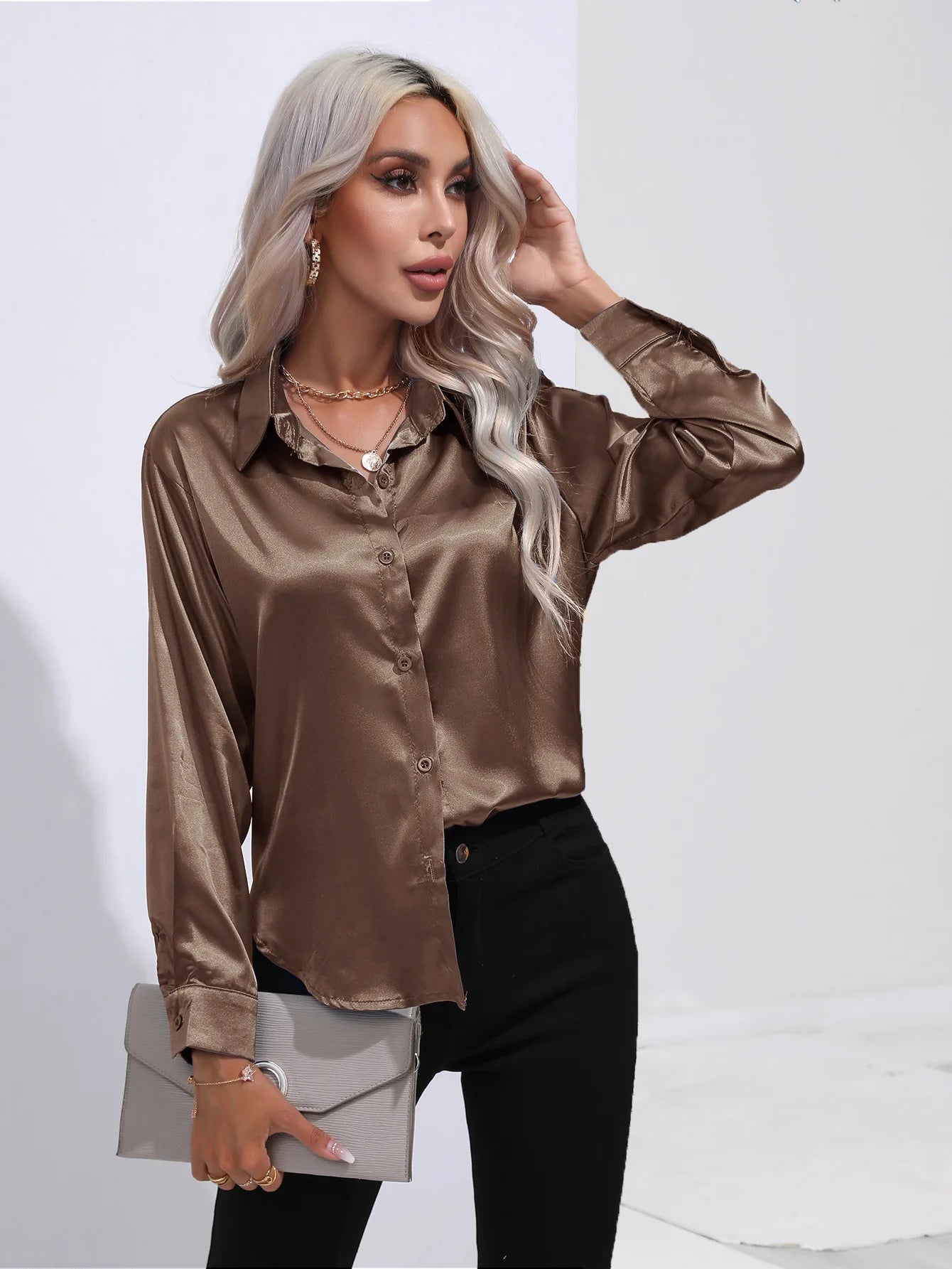 Satin Imitation Silk Long Sleeve Blouse