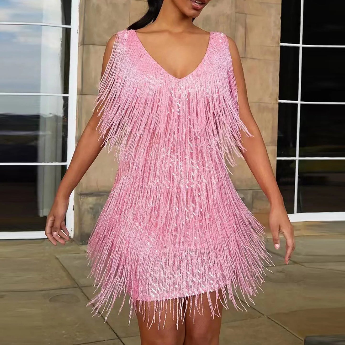 Sexy V-Neck Tassel Mini Dress for Women Elegant Sleeveless Evening Party Bodycon Dresses Summer Night Club Dress