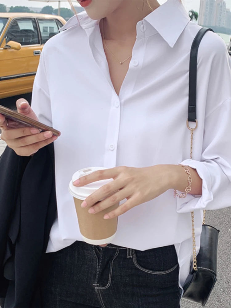 Solid Black Chiffon Long Sleeve Blouse