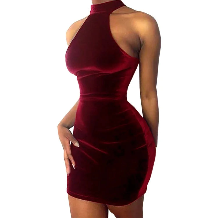 Echoine Autumn Women Solid Velvet Stretch Hang A Neck Slim Skirt Contracted Temperament Sexy Bag Buttock Dress Party Dresses