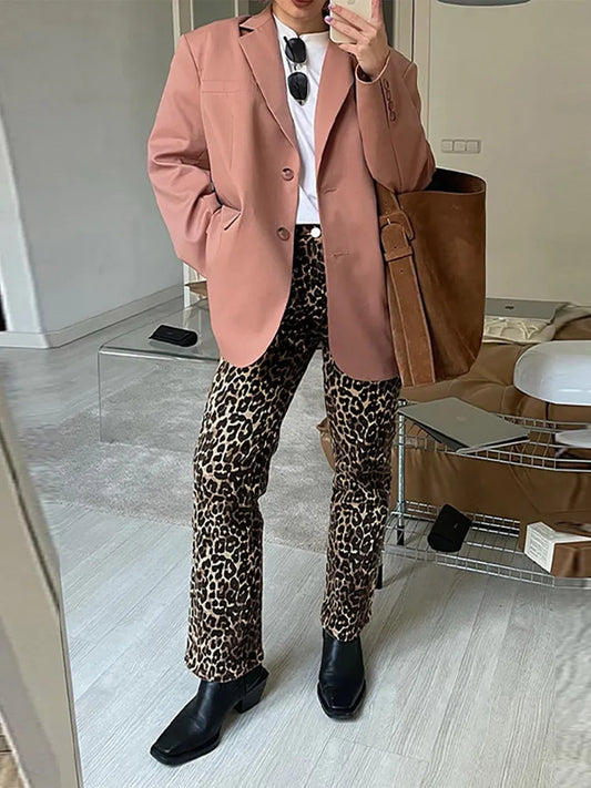 Leopard Print Jeans Women Fashion High Waist Casual Loose Trousers Female 2024 Spring All-match Streetwear Pants