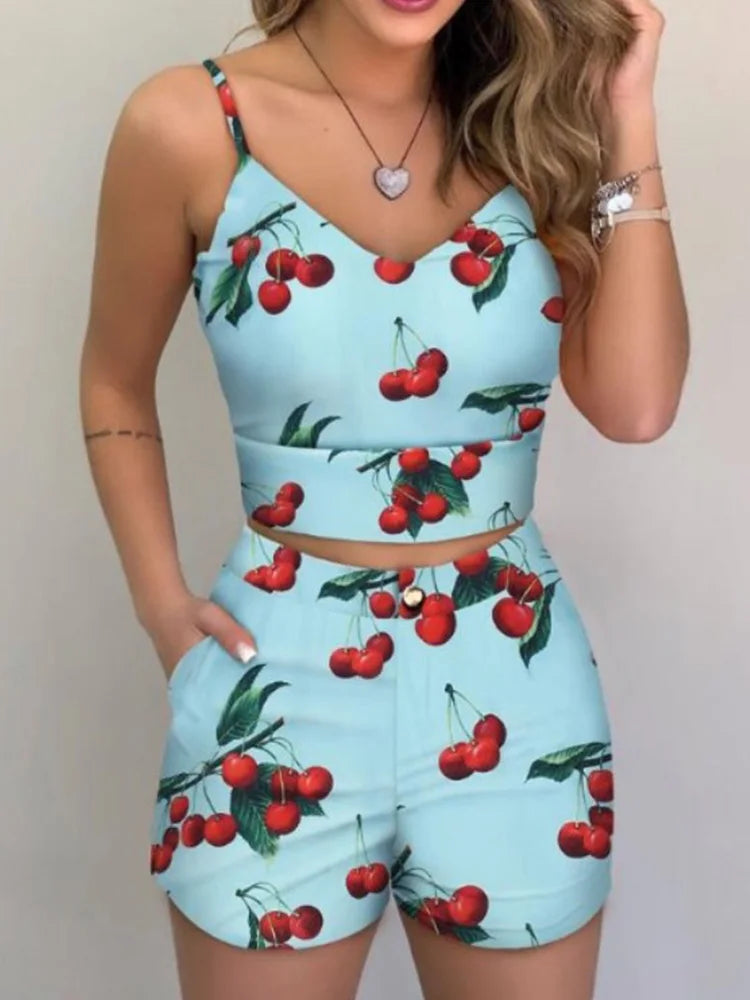 Print Spaghetti Strap Crop Top & Short Set
