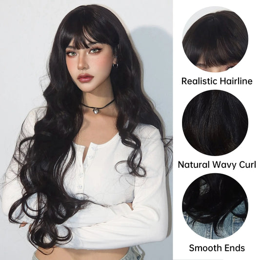 Super Long Black Wavy Synthetic Wigs with Bangs