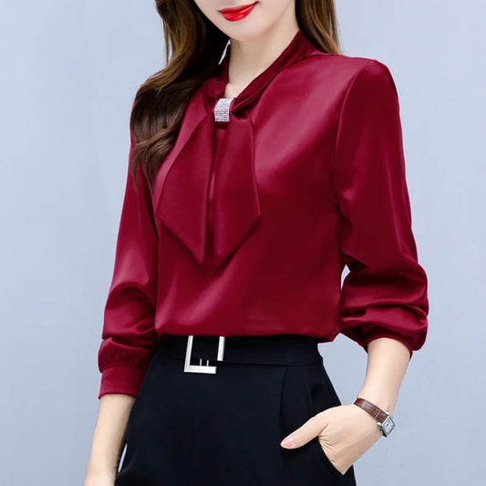 Long Sleeve Bow Collar Chiffon Blouse