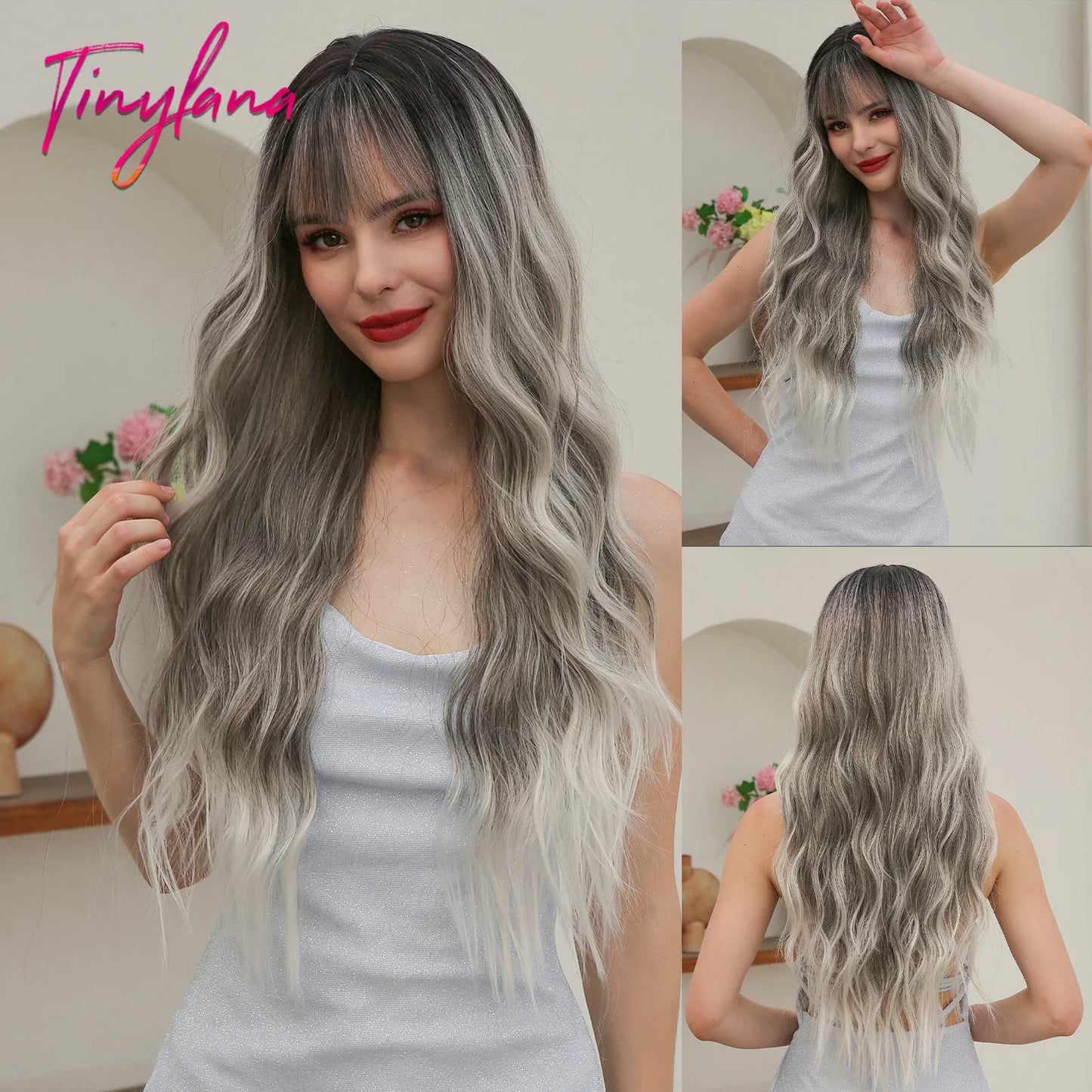 Super Long Black Wavy Synthetic Wigs with Bangs