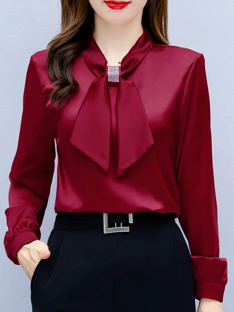 Long Sleeve Bow Collar Chiffon Blouse