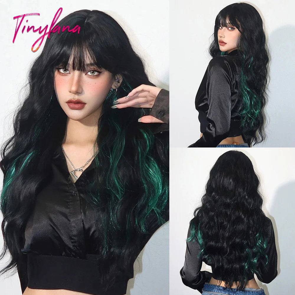 Super Long Black Wavy Synthetic Wigs with Bangs