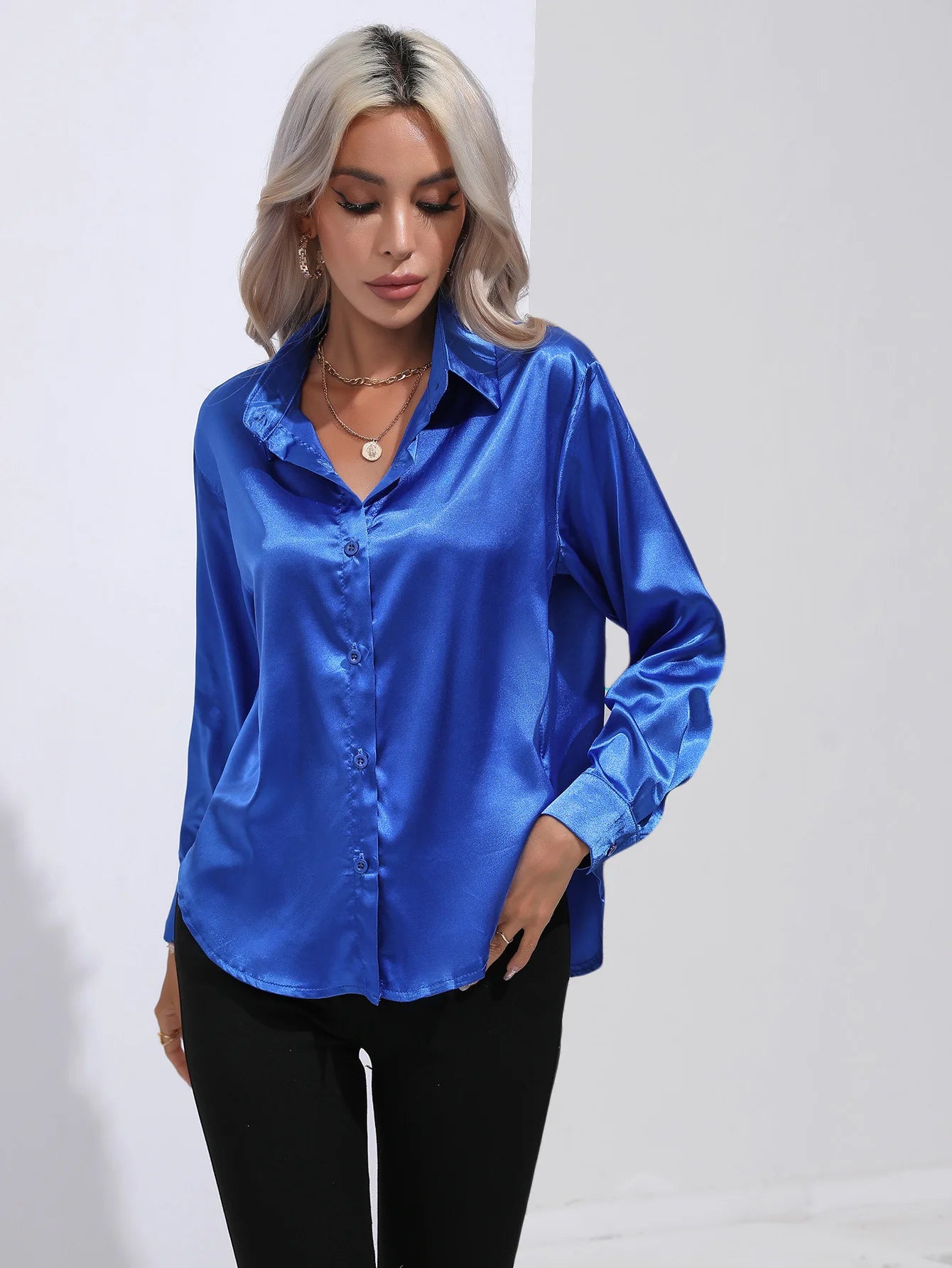 Satin Imitation Silk Long Sleeve Blouse