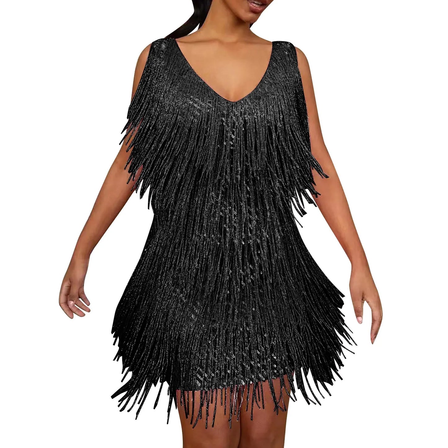 Sexy V-Neck Tassel Mini Dress for Women Elegant Sleeveless Evening Party Bodycon Dresses Summer Night Club Dress