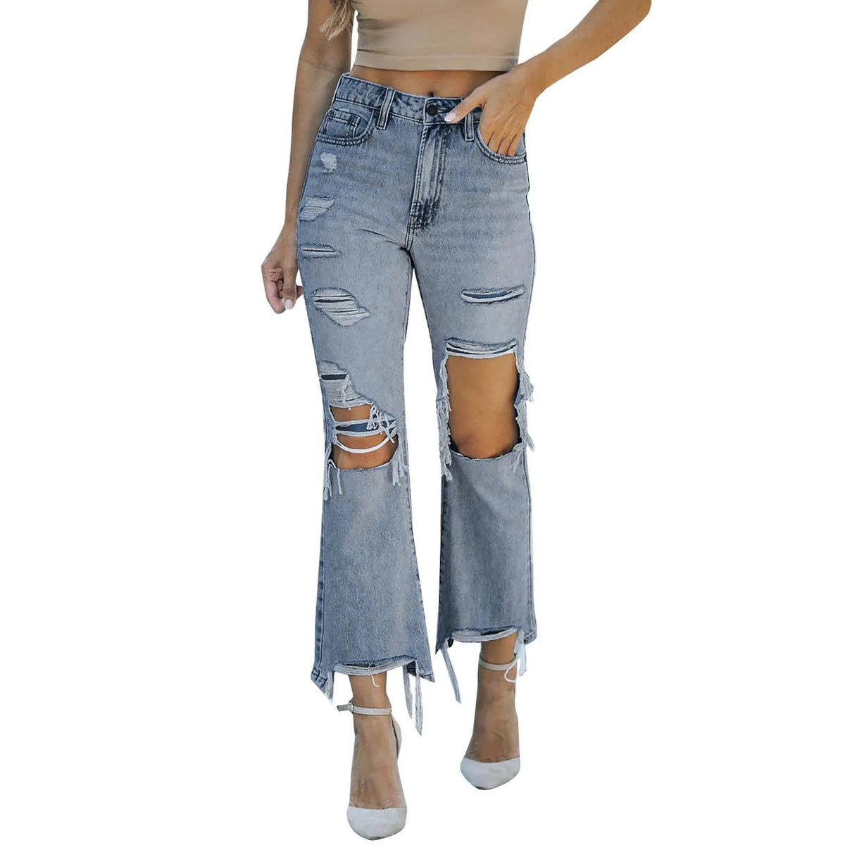 Jeans For Women High Waist Tummy Control Women'S Temperament Fashion Washed Ripped Straight Leg Jeans Ropa Barata