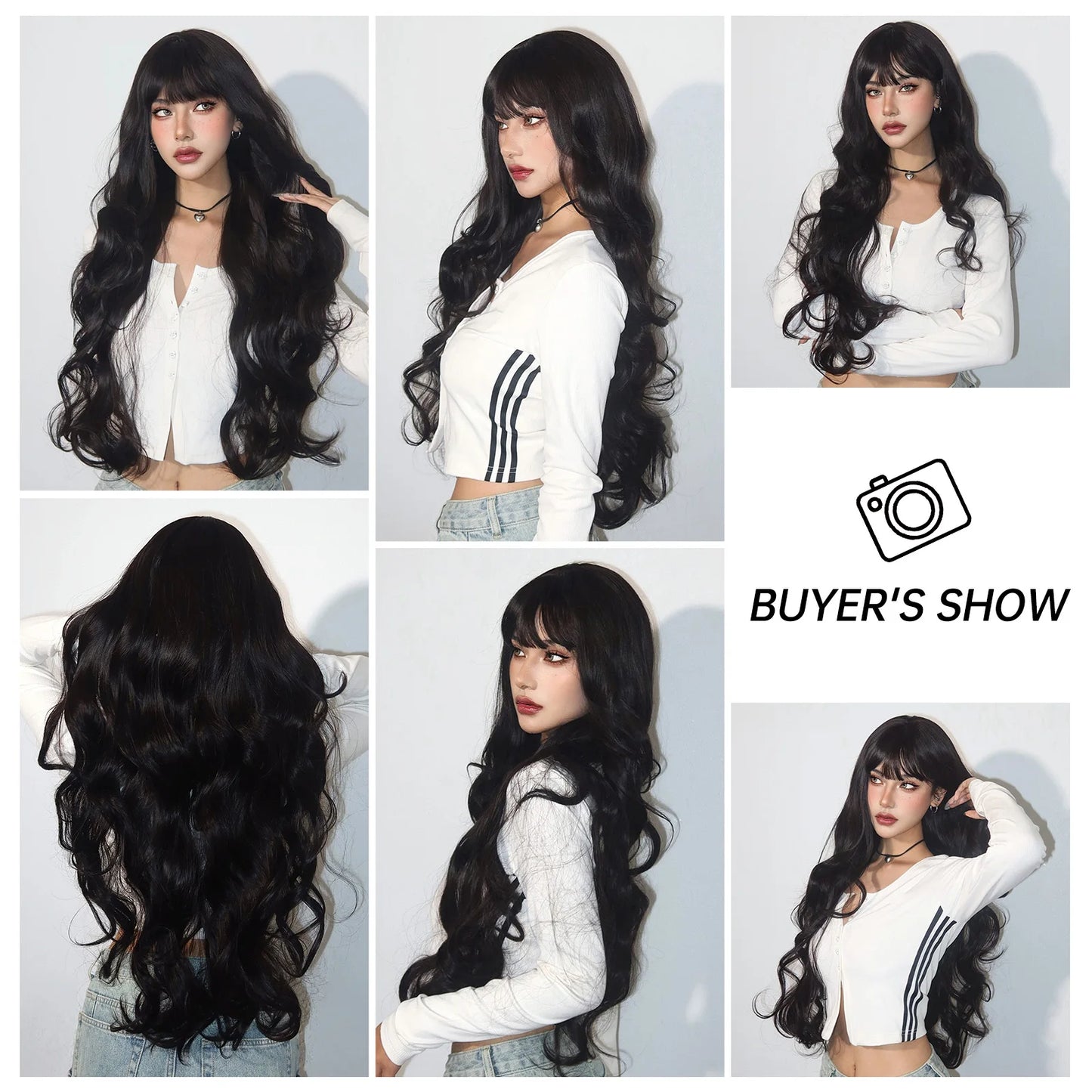 Super Long Black Wavy Synthetic Wigs with Bangs