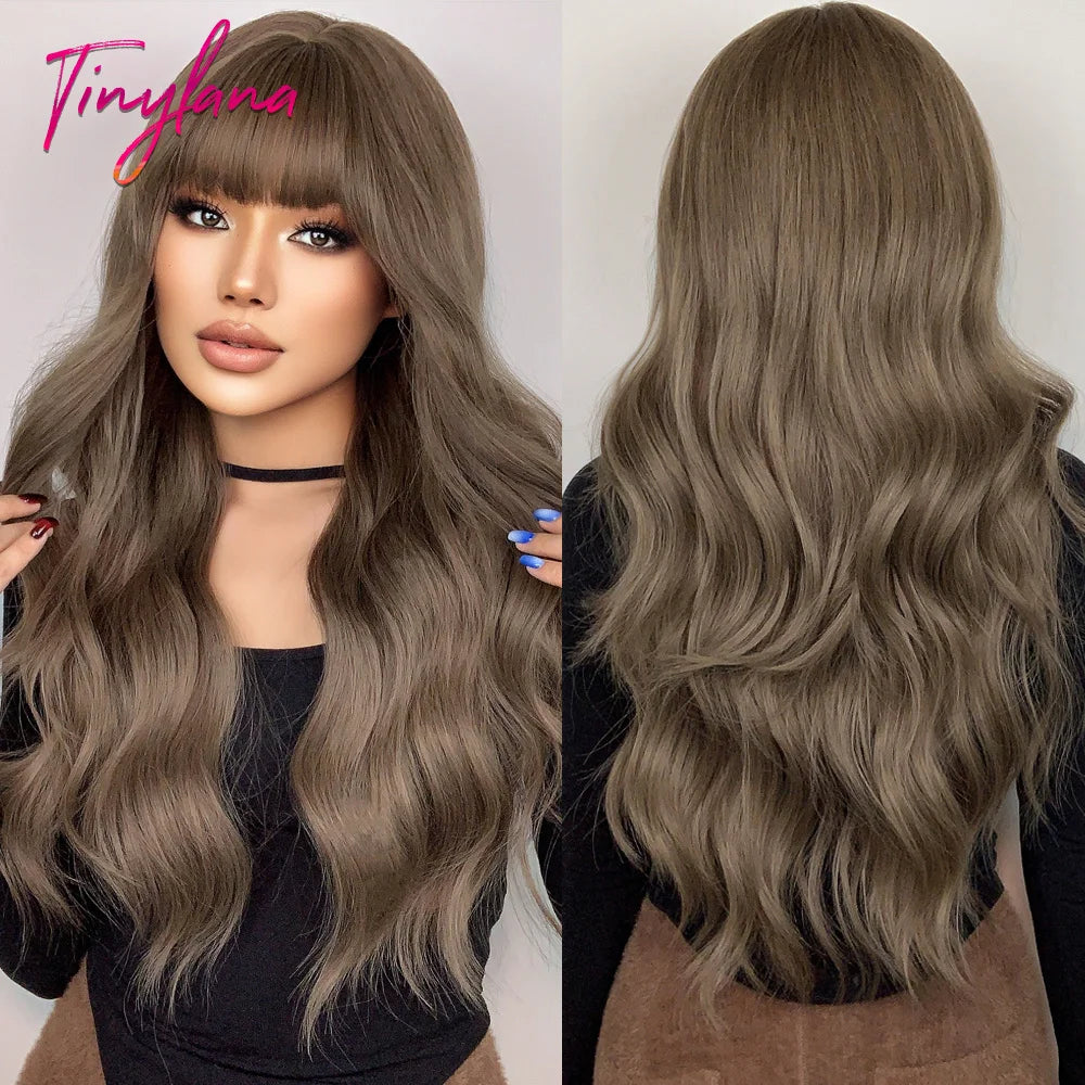 Super Long Black Wavy Synthetic Wigs with Bangs