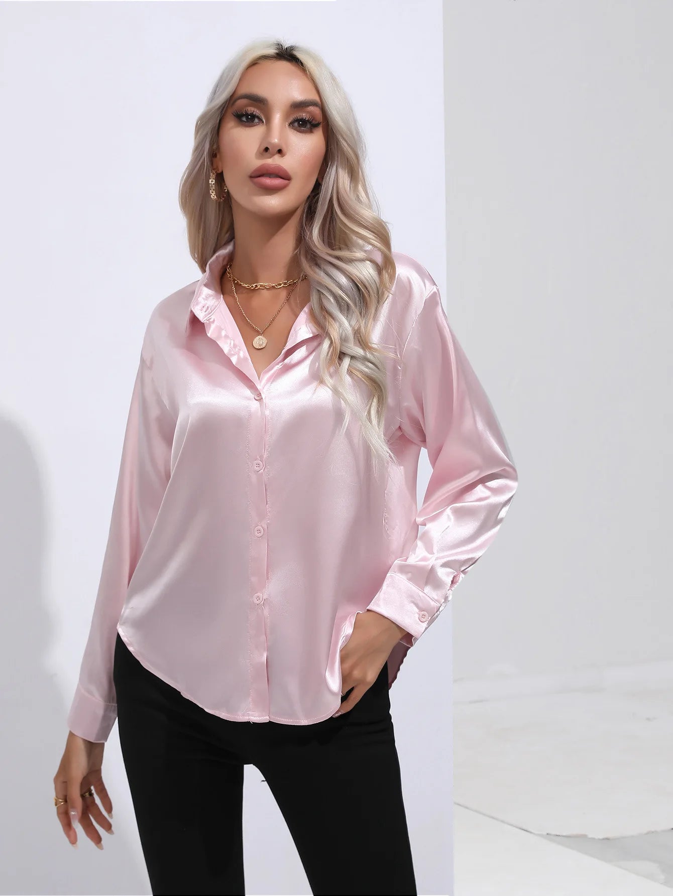 Satin Imitation Silk Long Sleeve Blouse