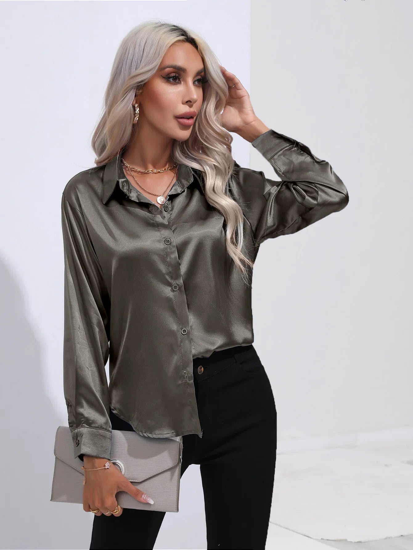 Satin Imitation Silk Long Sleeve Blouse