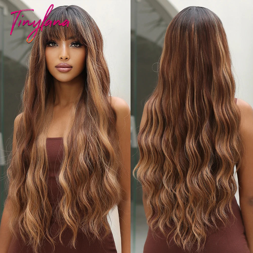 Super Long Black Wavy Synthetic Wigs with Bangs