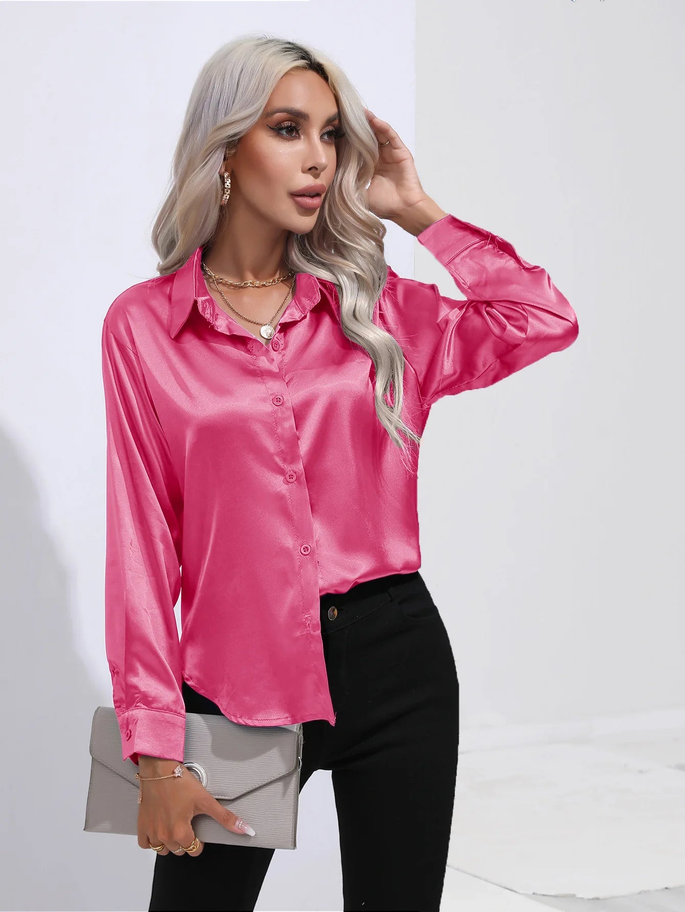 Satin Imitation Silk Long Sleeve Blouse