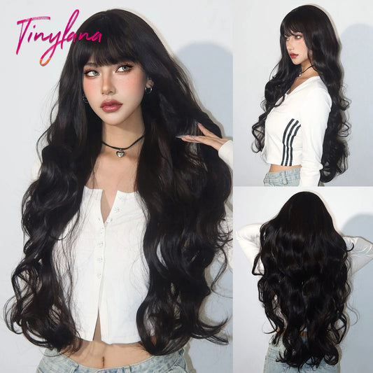 Super Long Black Wavy Synthetic Wigs with Bangs