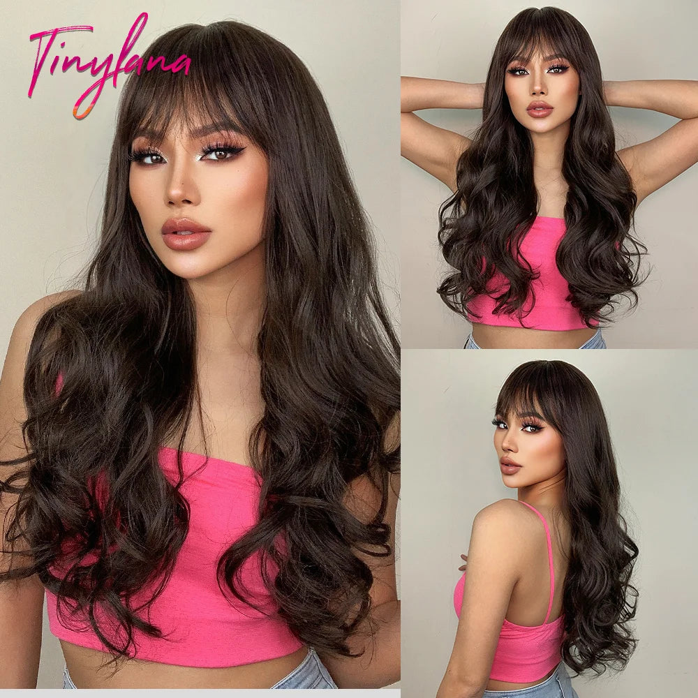 Super Long Black Wavy Synthetic Wigs with Bangs