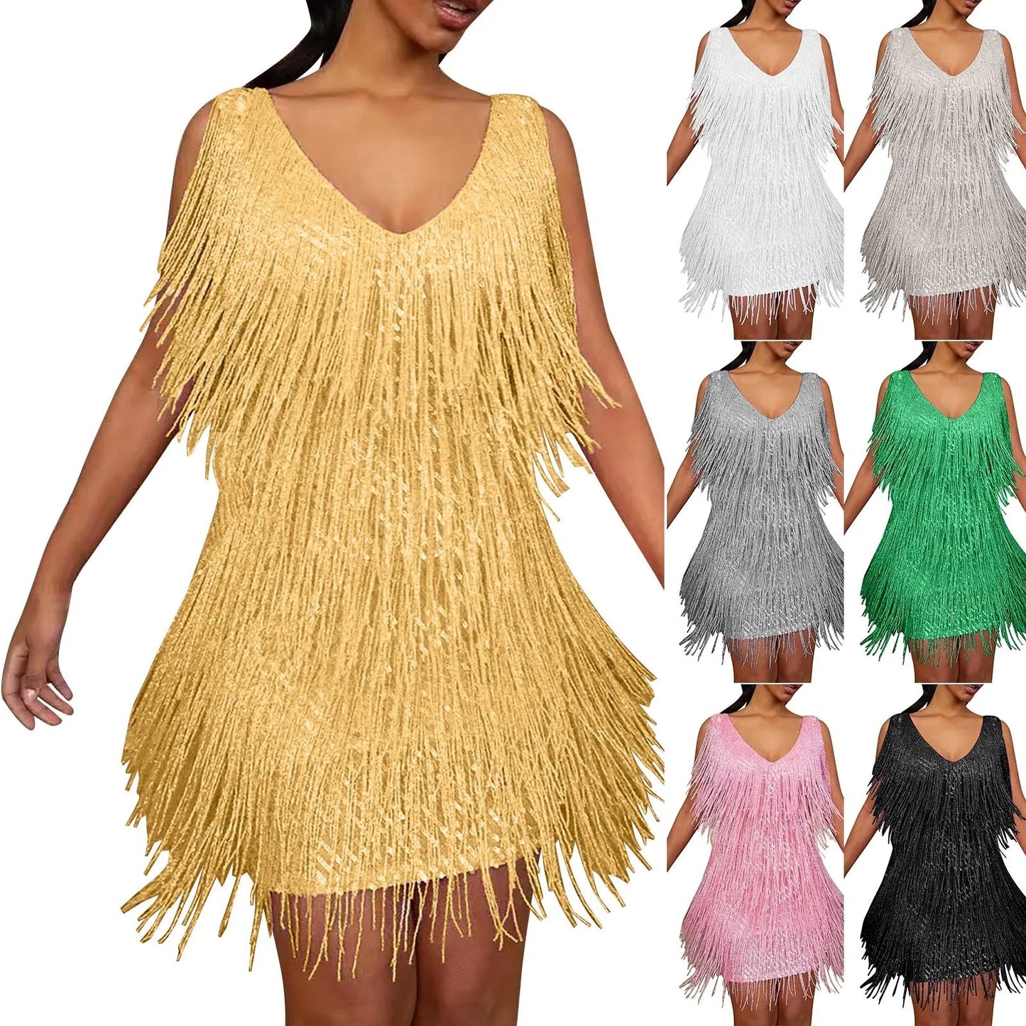 Sexy V-Neck Tassel Mini Dress for Women Elegant Sleeveless Evening Party Bodycon Dresses Summer Night Club Dress