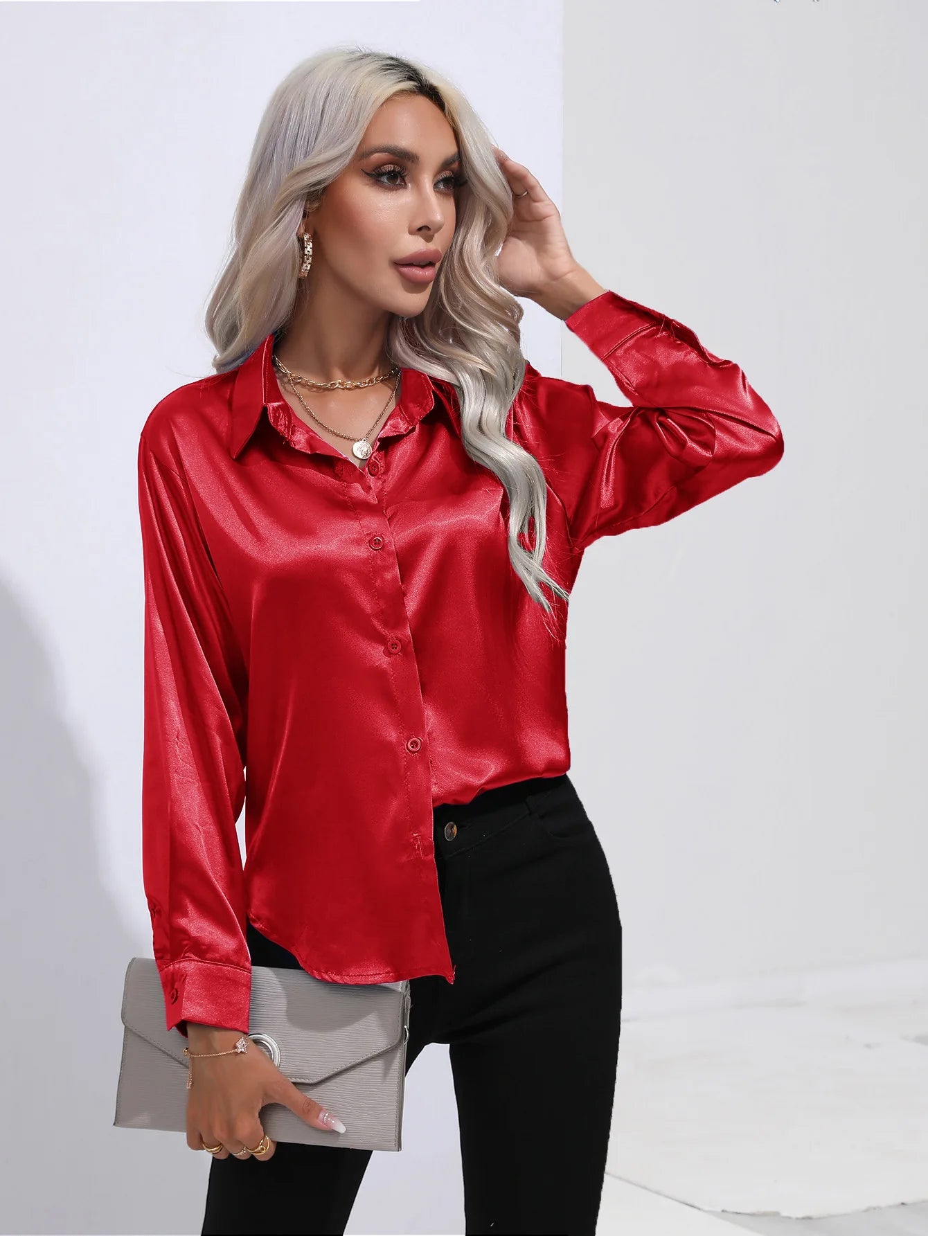 Satin Imitation Silk Long Sleeve Blouse