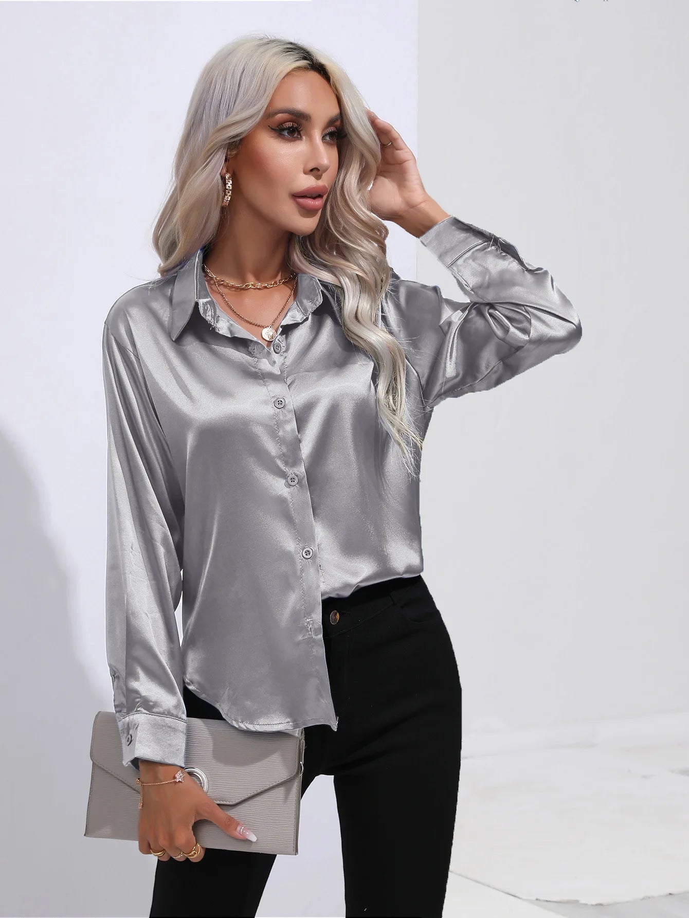 Satin Imitation Silk Long Sleeve Blouse