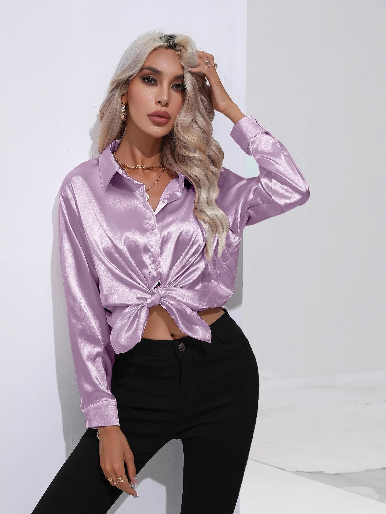 Satin Imitation Silk Long Sleeve Blouse