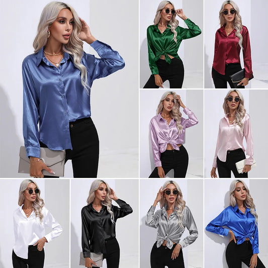 Satin Imitation Silk Long Sleeve Blouse