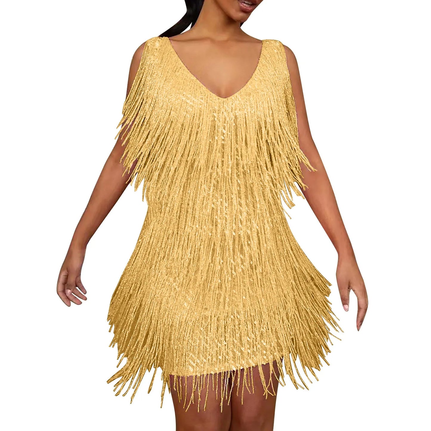 Sexy V-Neck Tassel Mini Dress for Women Elegant Sleeveless Evening Party Bodycon Dresses Summer Night Club Dress