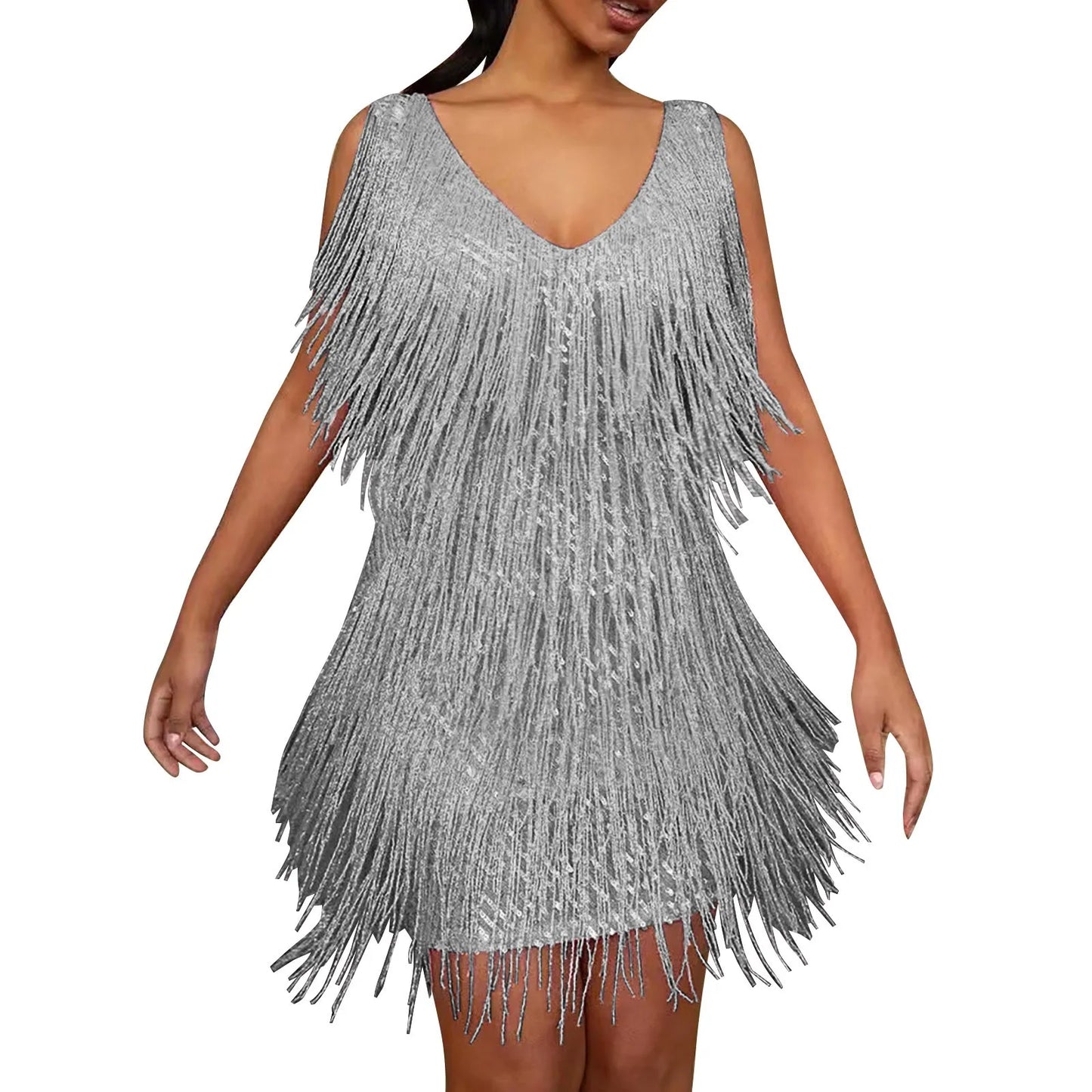 Sexy V-Neck Tassel Mini Dress for Women Elegant Sleeveless Evening Party Bodycon Dresses Summer Night Club Dress