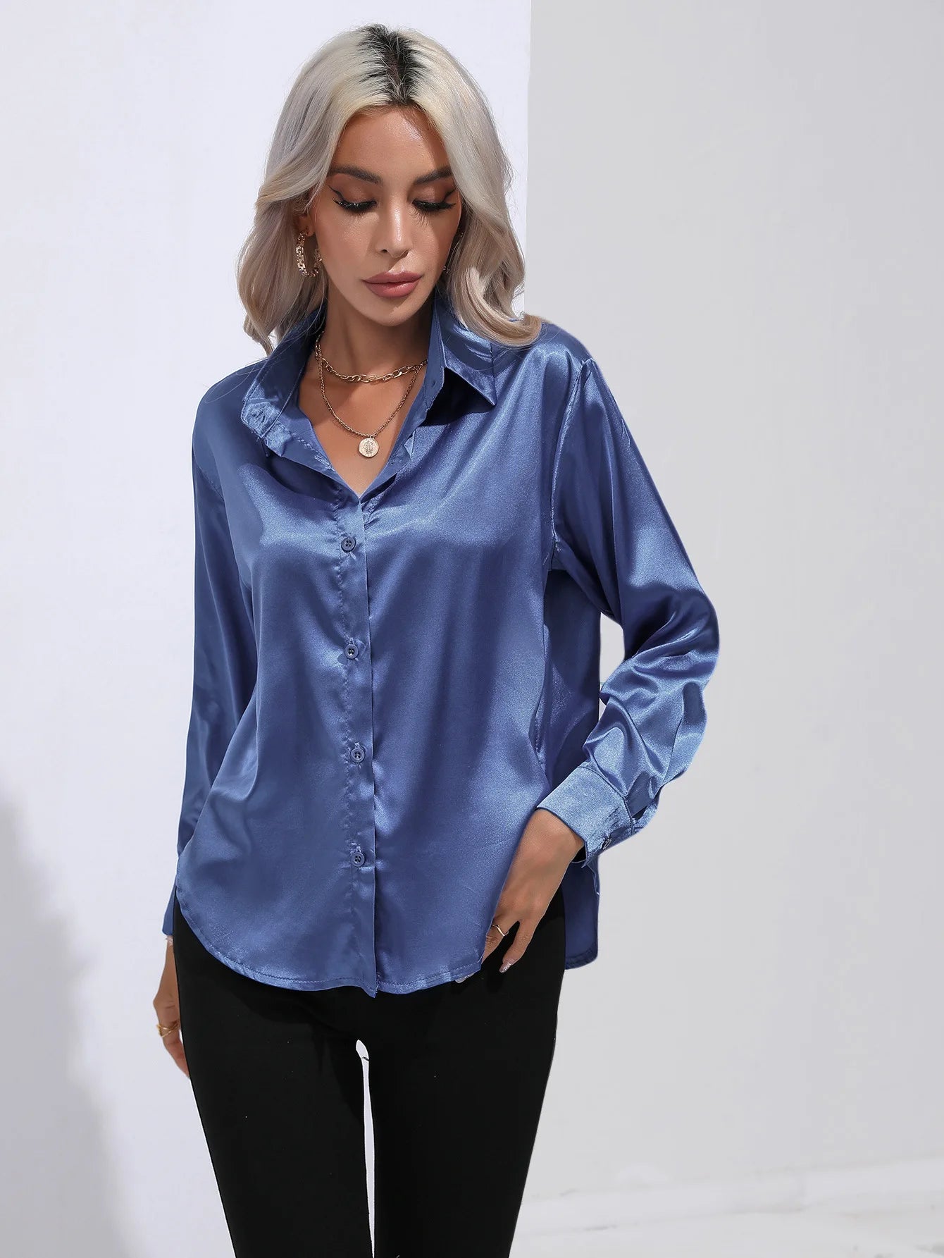 Satin Imitation Silk Long Sleeve Blouse