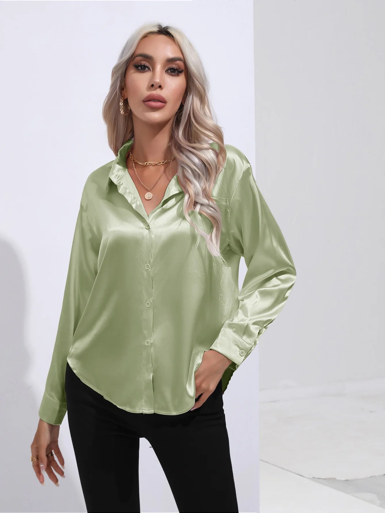 Satin Imitation Silk Long Sleeve Blouse