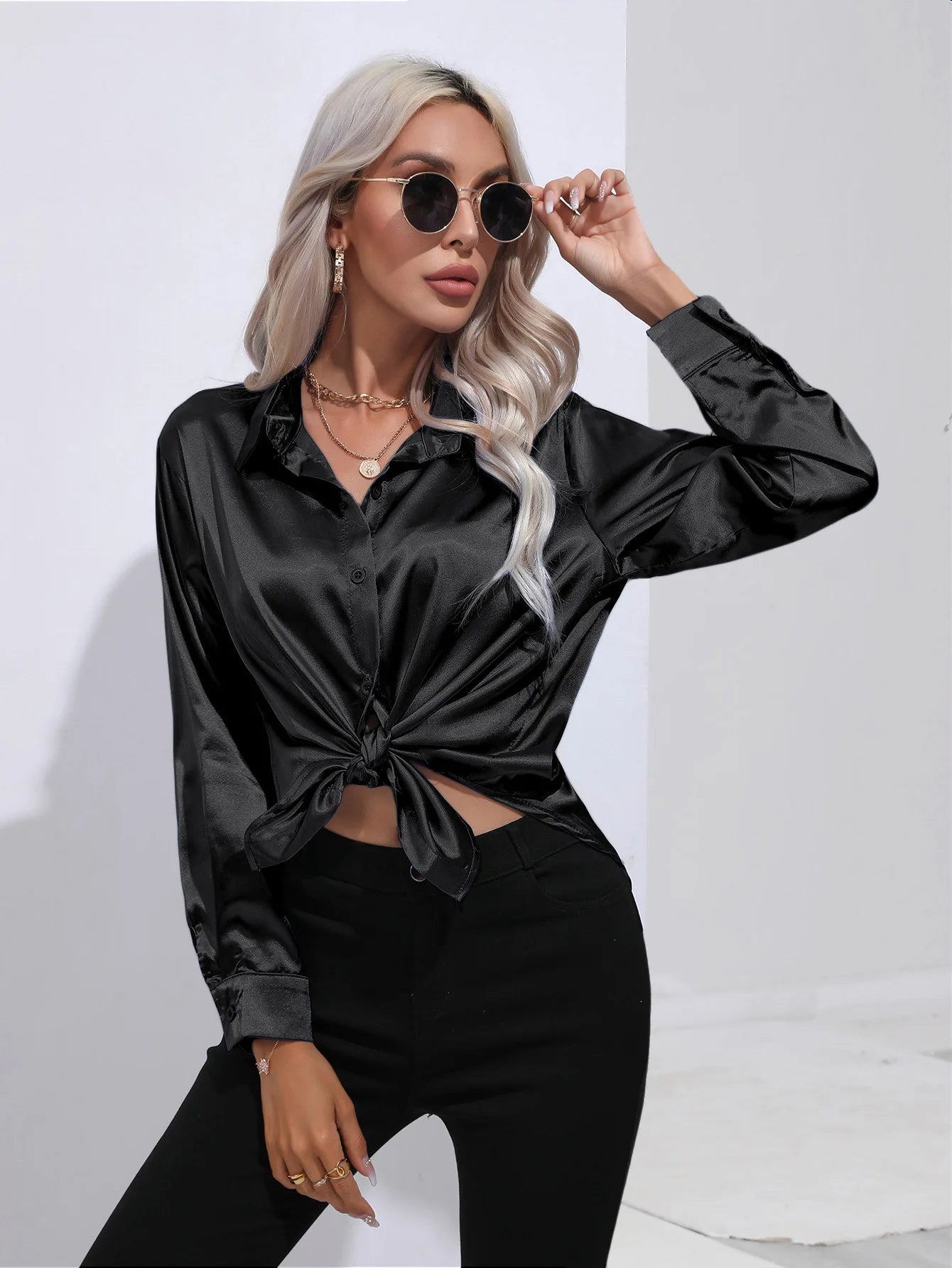 Satin Imitation Silk Long Sleeve Blouse