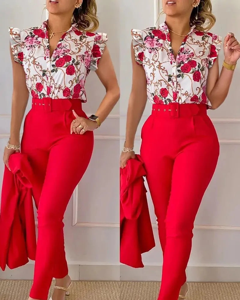 Two Piece Set Suits Printed Ruffle Sleeve Top Solid Color Pants Set With Belt Blouses