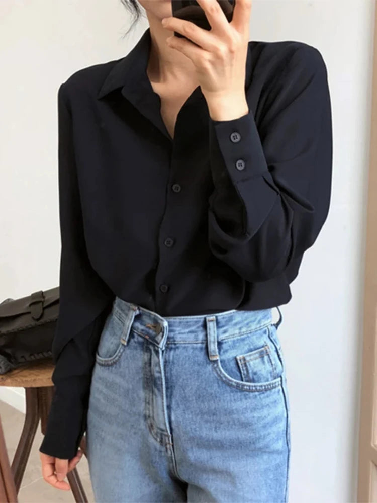 Solid Black Chiffon Long Sleeve Blouse