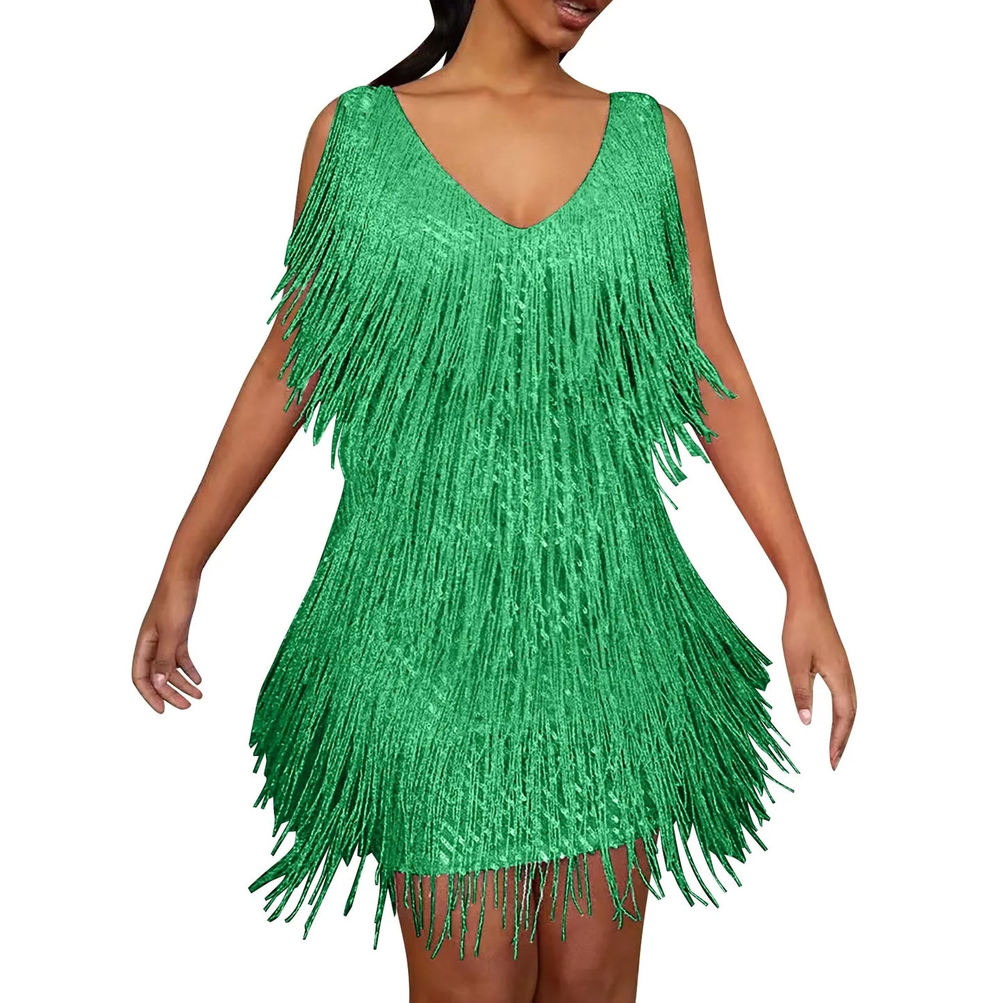 Sexy V-Neck Tassel Mini Dress for Women Elegant Sleeveless Evening Party Bodycon Dresses Summer Night Club Dress