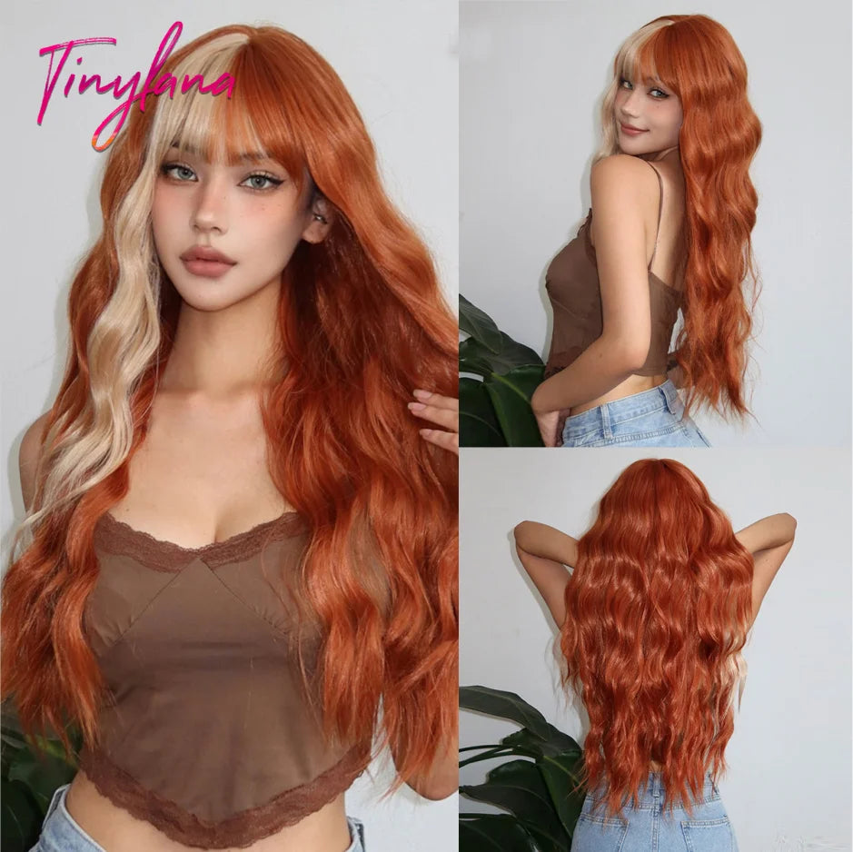 Super Long Black Wavy Synthetic Wigs with Bangs