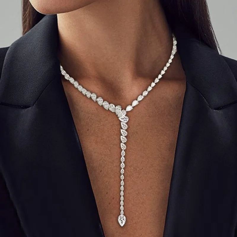 Stonefans Water Drop Zircon Necklace Luxury Choker Jewelry for Women Statement Y Lariat Necklace Charm Collar Accessories Gift
