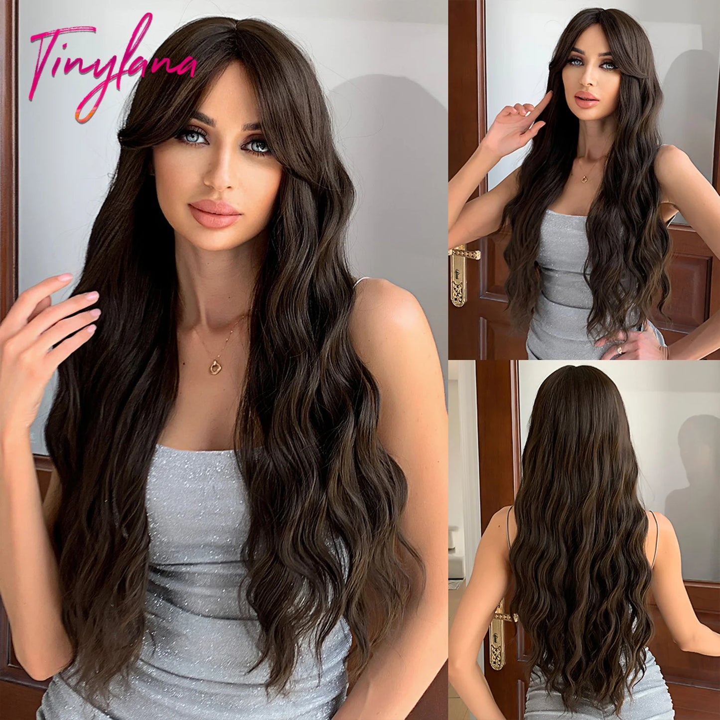 Super Long Black Wavy Synthetic Wigs with Bangs