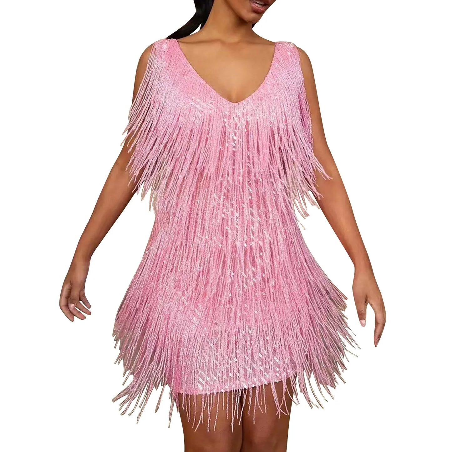 Sexy V-Neck Tassel Mini Dress for Women Elegant Sleeveless Evening Party Bodycon Dresses Summer Night Club Dress
