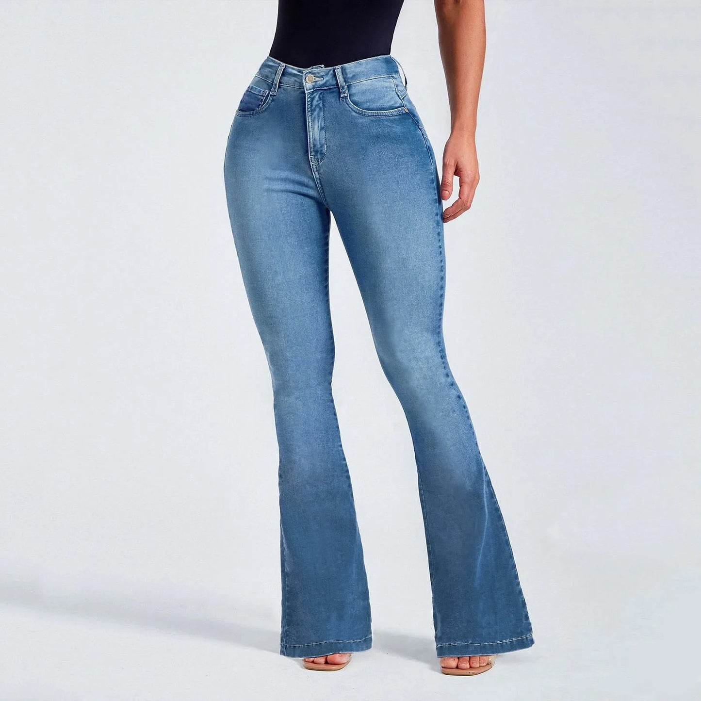 Flare Bottoms Jeans High Waist Women Skinny Boot Casual Mid Waist Pants Trousers Pockets Classic Denim Jeans Flare Pants