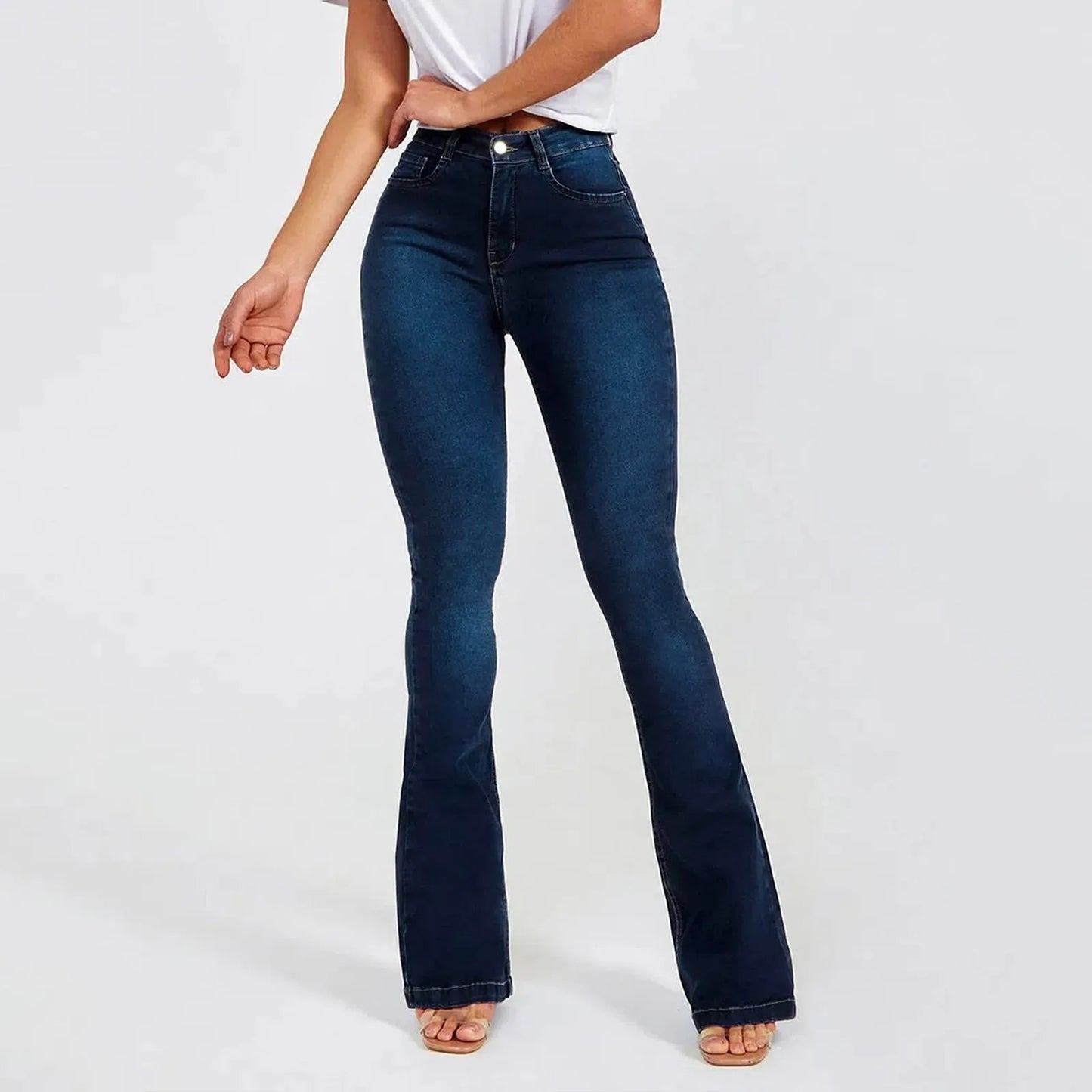Flare Bottoms Jeans High Waist Women Skinny Boot Casual Mid Waist Pants Trousers Pockets Classic Denim Jeans Flare Pants
