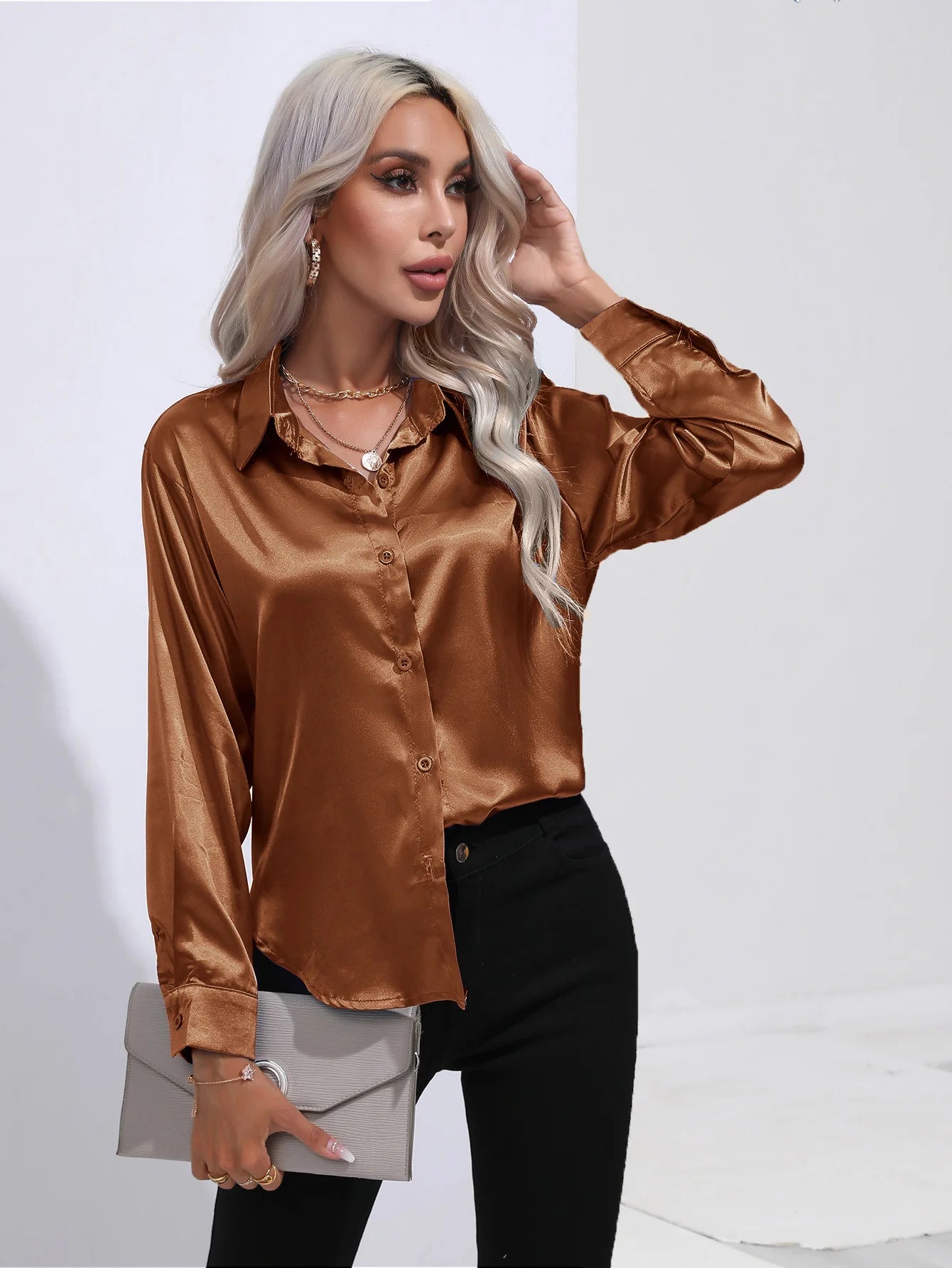 Satin Imitation Silk Long Sleeve Blouse