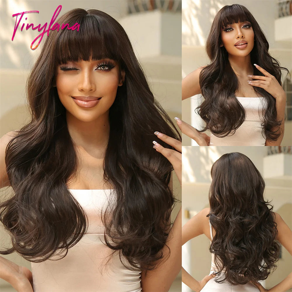 Super Long Black Wavy Synthetic Wigs with Bangs