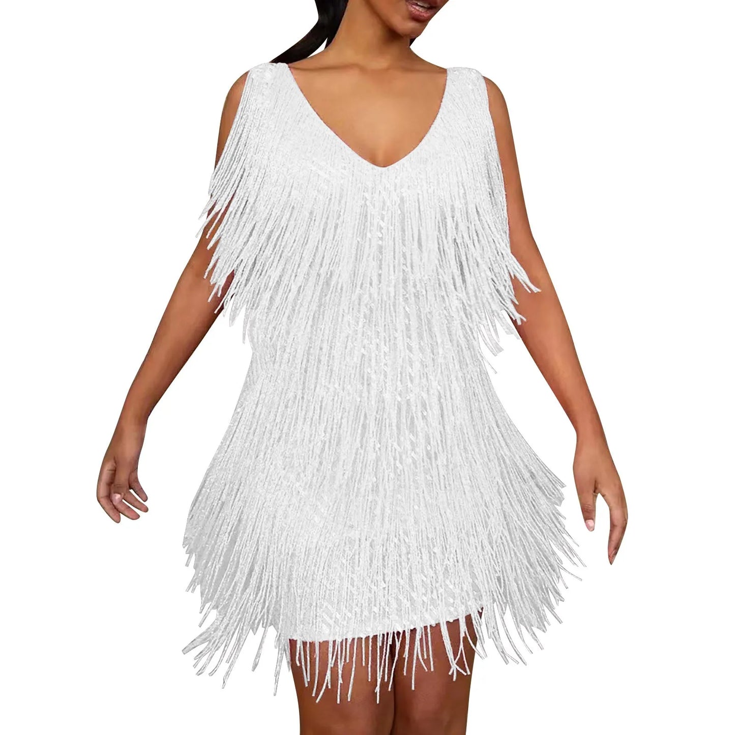 Sexy V-Neck Tassel Mini Dress for Women Elegant Sleeveless Evening Party Bodycon Dresses Summer Night Club Dress