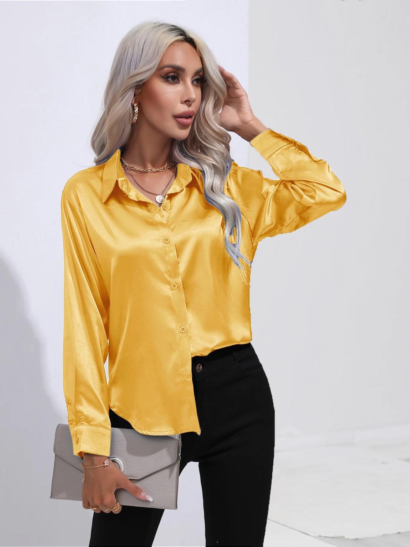 Satin Imitation Silk Long Sleeve Blouse