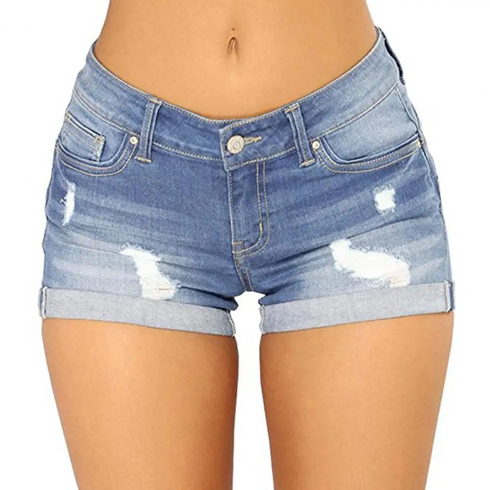 Denim Shorts Women Jeans Ripped Mid Waist Solid Color Soft Short Jeans Shorts Summer