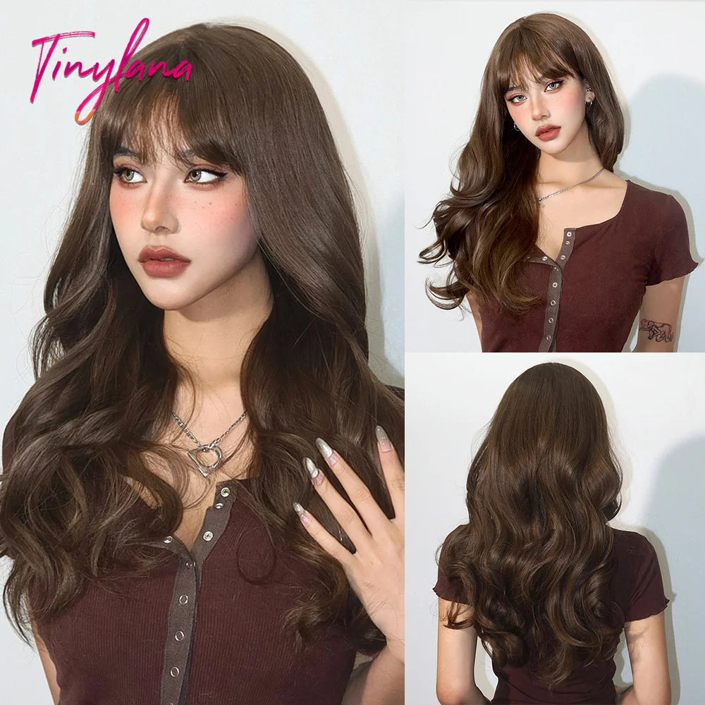 Super Long Black Wavy Synthetic Wigs with Bangs