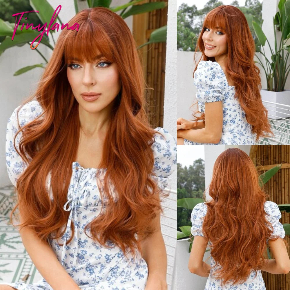 Super Long Black Wavy Synthetic Wigs with Bangs